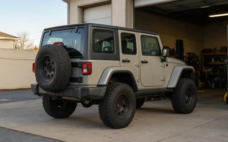 Illustration: lifted off-road SUV with all-terrain tires outside a service bay