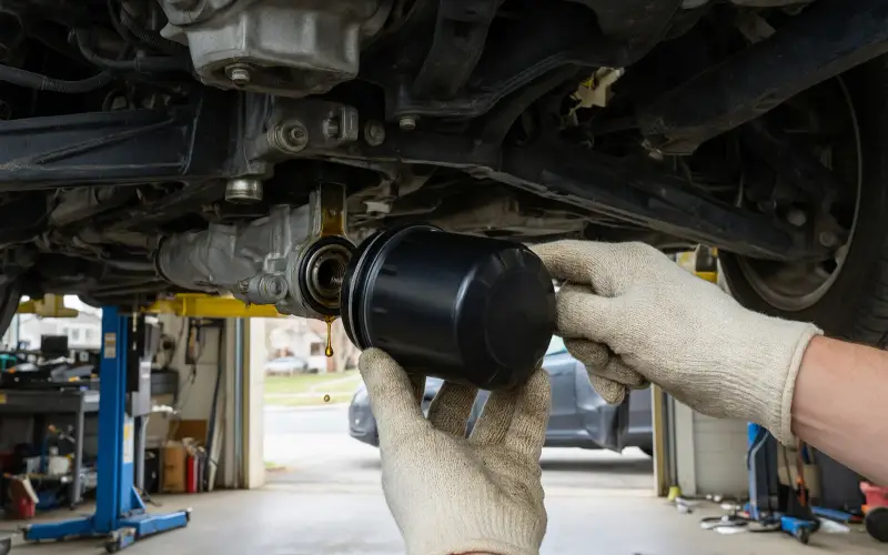 Illustration: oil filter being removed under a car on a lift